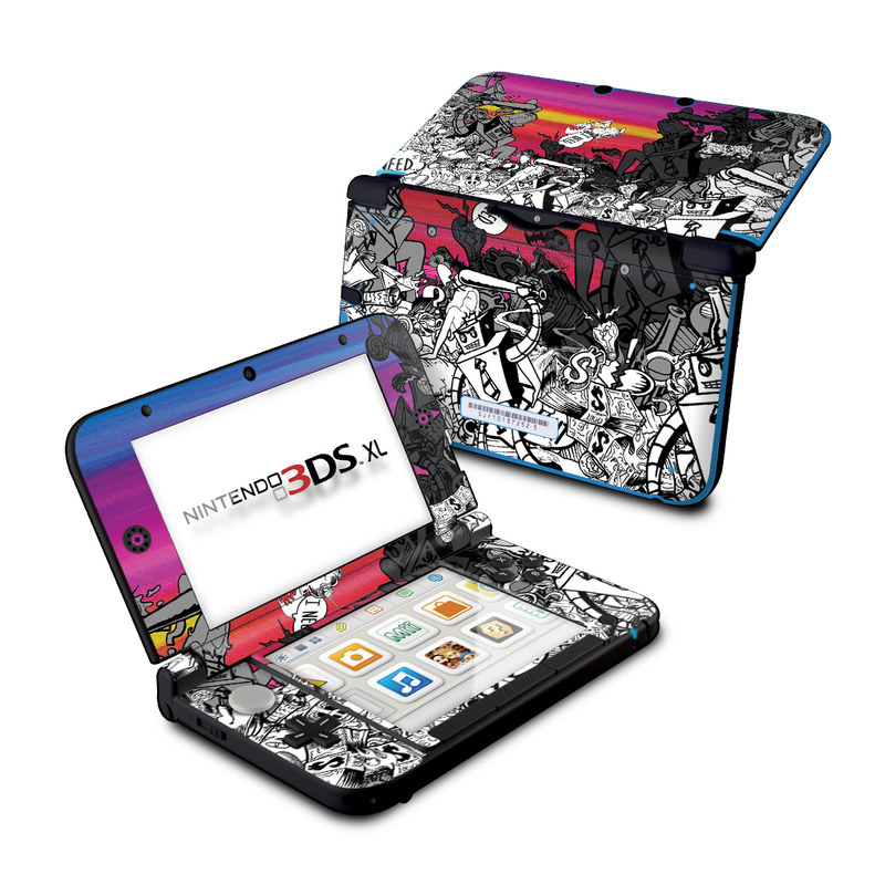 Nintendo 3DS XL Original Skin design of Cartoon, Illustration, Graphic design, Fiction, Fictional character, Font, Comics, Art, Drawing, Graphics with black, gray, purple, white, red, green colors
