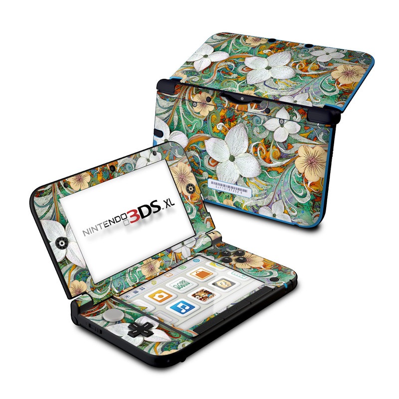 Nintendo 3DS XL Original Skin design of Flower, Pattern, Plant, Wildflower, Floral design, Petal, Art, Painting, Visual arts, Wallpaper with gray, black, green, blue, red colors