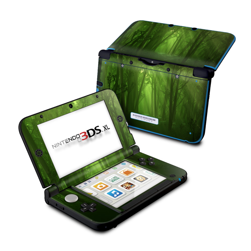 Nintendo 3DS XL Original Skin design of Nature, Green, Forest, Old-growth forest, Woodland, Natural environment, Vegetation, Tree, Natural landscape, Atmospheric phenomenon with black, green colors