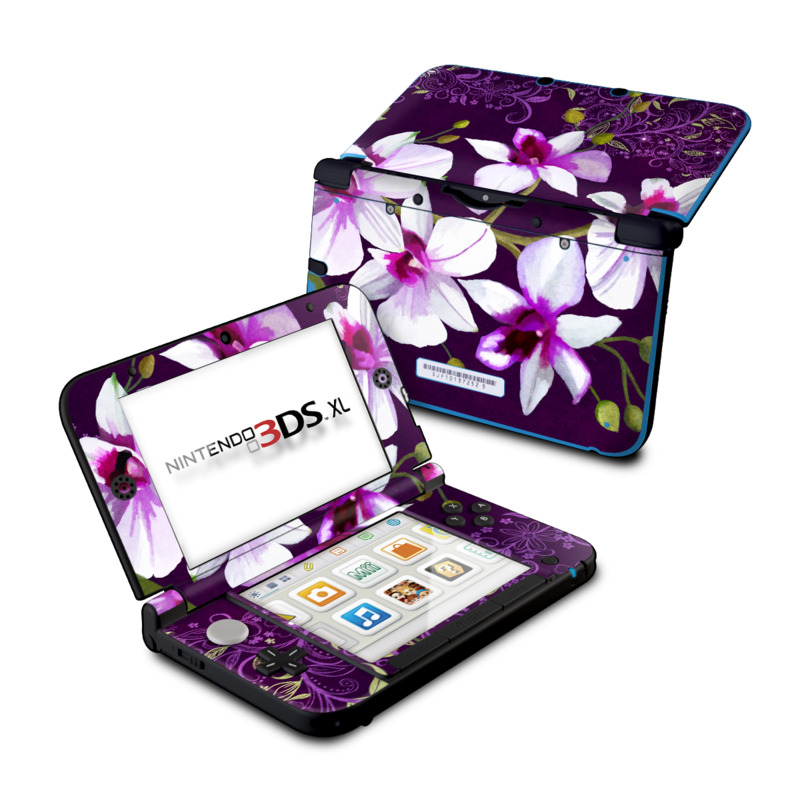 Nintendo 3DS XL Original Skin design of Flower, Purple, Petal, Violet, Lilac, Plant, Flowering plant, cooktown orchid, Botany, Wildflower with black, gray, white, purple, pink colors