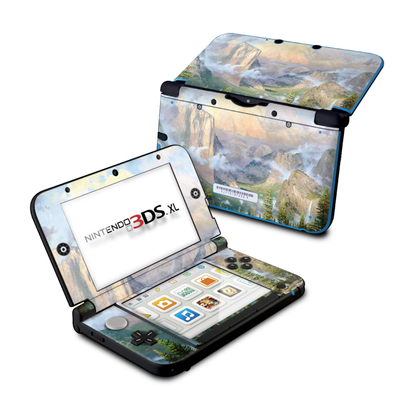 Nintendo 3DS XL Original Skin design of Mountainous landforms, Natural landscape, Mountain, Nature, Sky, Painting, Highland, Atmospheric phenomenon, Wilderness, Valley with gray, black, pink, purple, yellow, green colors