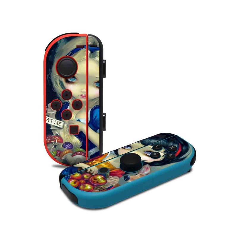 Nintendo Switch JoyCon Controller Skin design of Doll, Cartoon, Illustration, Cat, Art, Fawn, Toy, Fictional character, Whiskers, with blue, yellow, red, orange, gray colors
