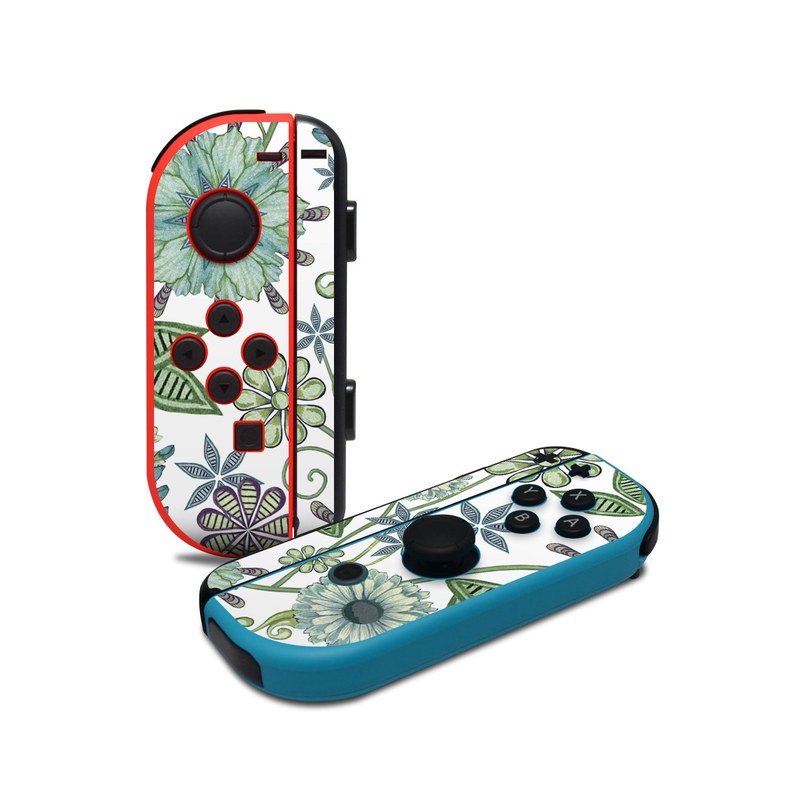 Nintendo Switch JoyCon Controller Skin design of Green, Pattern, Flower, Botany, Plant, Leaf, Design, Wildflower, with white, green, blue colors