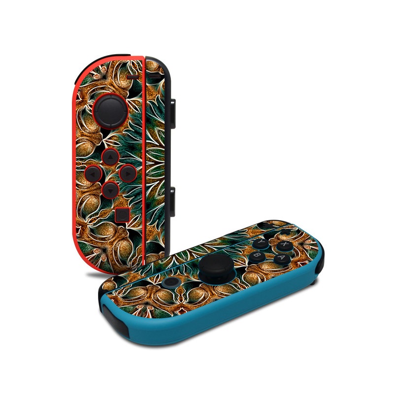 Nintendo Switch JoyCon Controller Skin design of Pattern, Symmetry, Textile, Art, Psychedelic art, Tapestry, Design, Visual arts, Kaleidoscope, Motif, with green, orange, yellow, brown, red colors