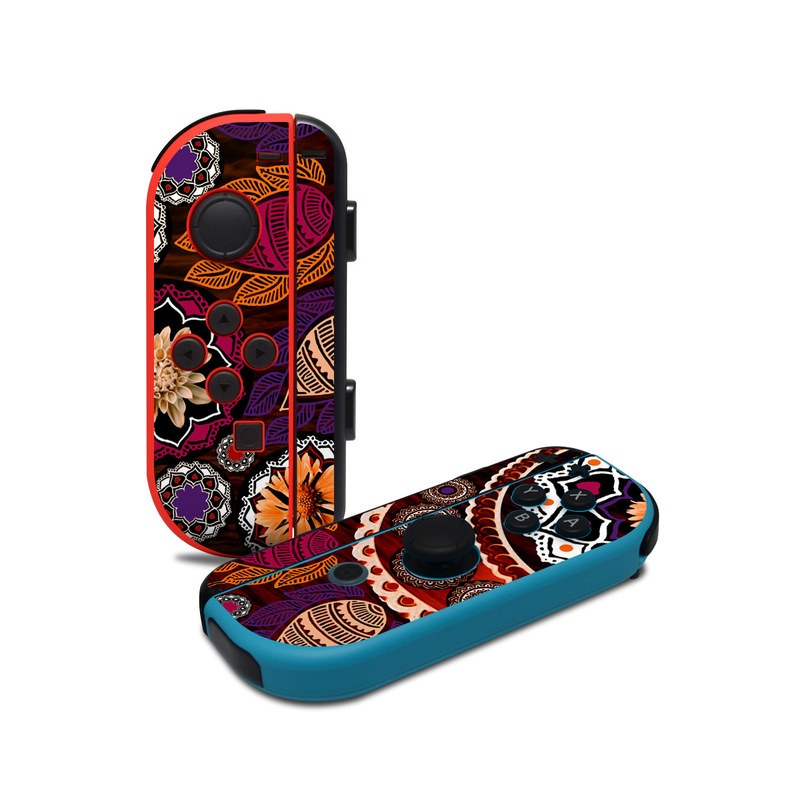 Nintendo Switch JoyCon Controller Skin design of Pattern, Motif, Visual arts, Design, Art, Floral design, Textile, Paisley, Tapestry, Circle, with brown, purple, red, white, black colors