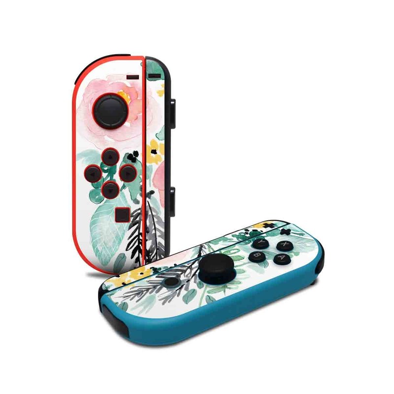 Nintendo Switch JoyCon Controller Skin design of Branch, Clip art, Watercolor paint, Flower, Leaf, Botany, Plant, Illustration, Design, Graphics, with green, pink, red, orange, yellow colors
