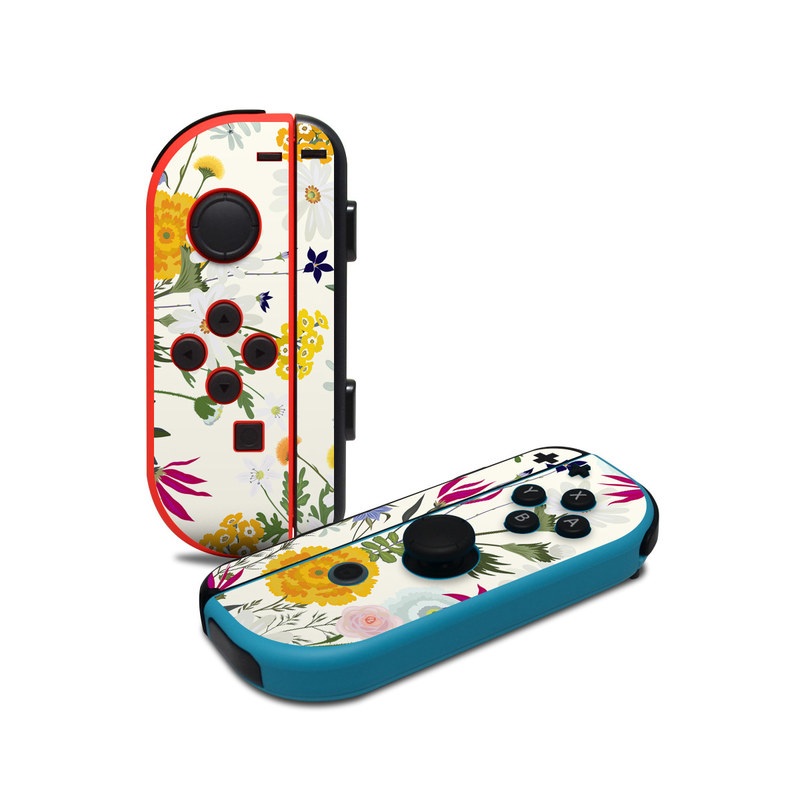 Nintendo Switch JoyCon Controller Skin design of Flower, Wildflower, chamomile, Floral design, Plant, camomile, Botany, Clip art, Cut flowers, Daisy, with white, green, pink, orange, yellow, red colors