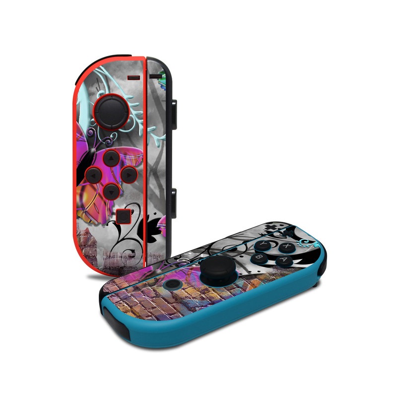 Nintendo Switch JoyCon Controller Skin design of Purple, Graphic design, Art, Pattern, Graffiti, Organism, Street art, Wall, Font, Illustration, with red, black, gray, purple, orange, blue, green colors