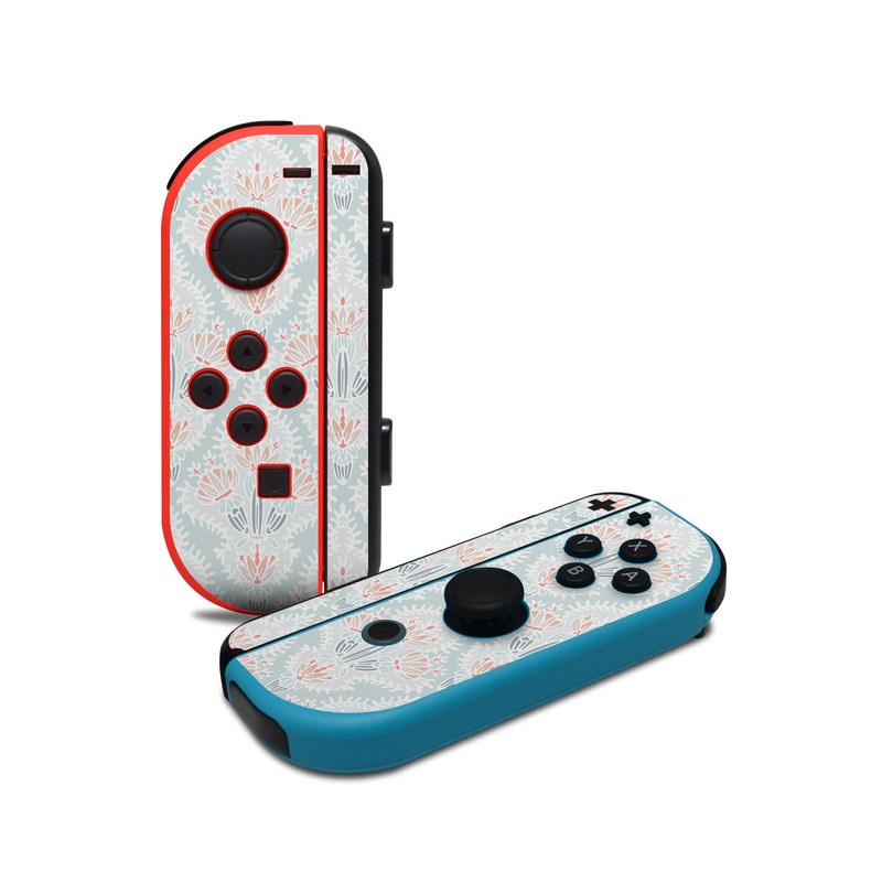 Nintendo Switch JoyCon Controller Skin design of Pattern, Aqua, Line, Design, Textile, Wrapping paper, Pedicel, Dahlia, Visual arts, with blue, red, white colors