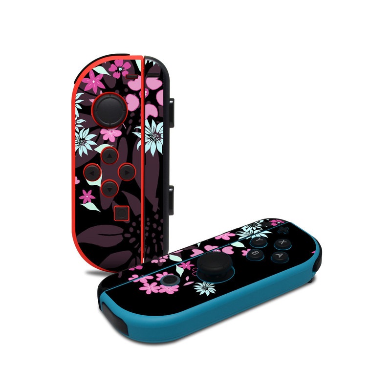 Nintendo Switch JoyCon Controller Skin design of Pink, Pattern, Flower, Plant, Botany, Petal, Floral design, Design, Pedicel, Graphic design, with black, gray, purple, green, red, pink colors
