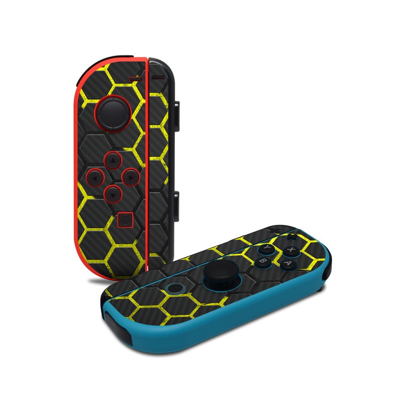 Nintendo Switch JoyCon Controller Skin design of Black, Pattern, Yellow, Mesh, Net, Chain-link fencing, Design, Metal, with black, gray, yellow colors
