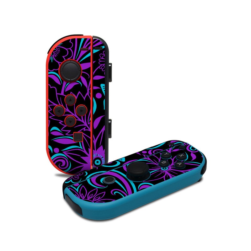 Nintendo Switch JoyCon Controller Skin design of Pattern, Purple, Violet, Turquoise, Teal, Design, Floral design, Visual arts, Magenta, Motif, with black, purple, blue colors