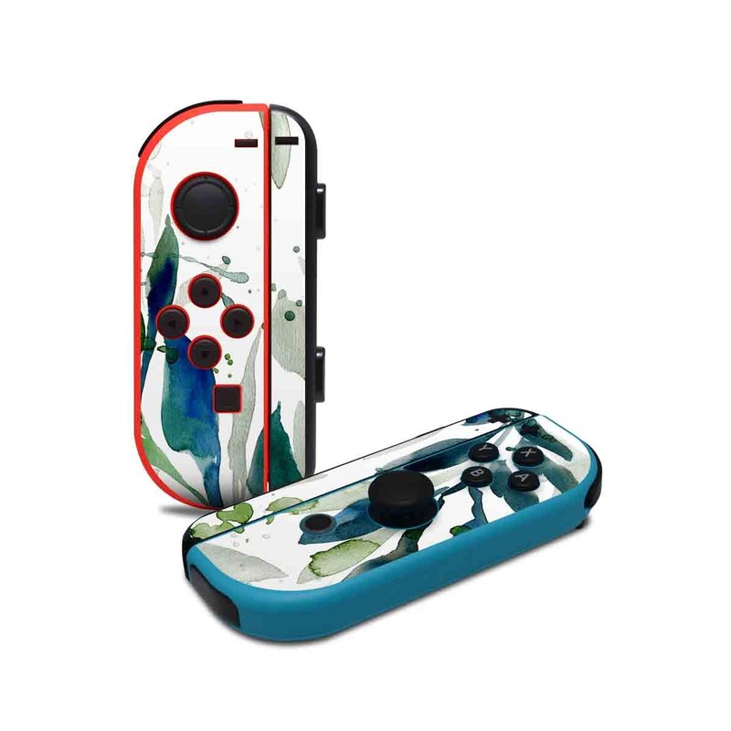 Nintendo Switch JoyCon Controller Skin design of Leaf, Branch, Plant, Tree, Botany, Flower, Design, Eucalyptus, Pattern, Watercolor paint, with white, blue, green, gray colors
