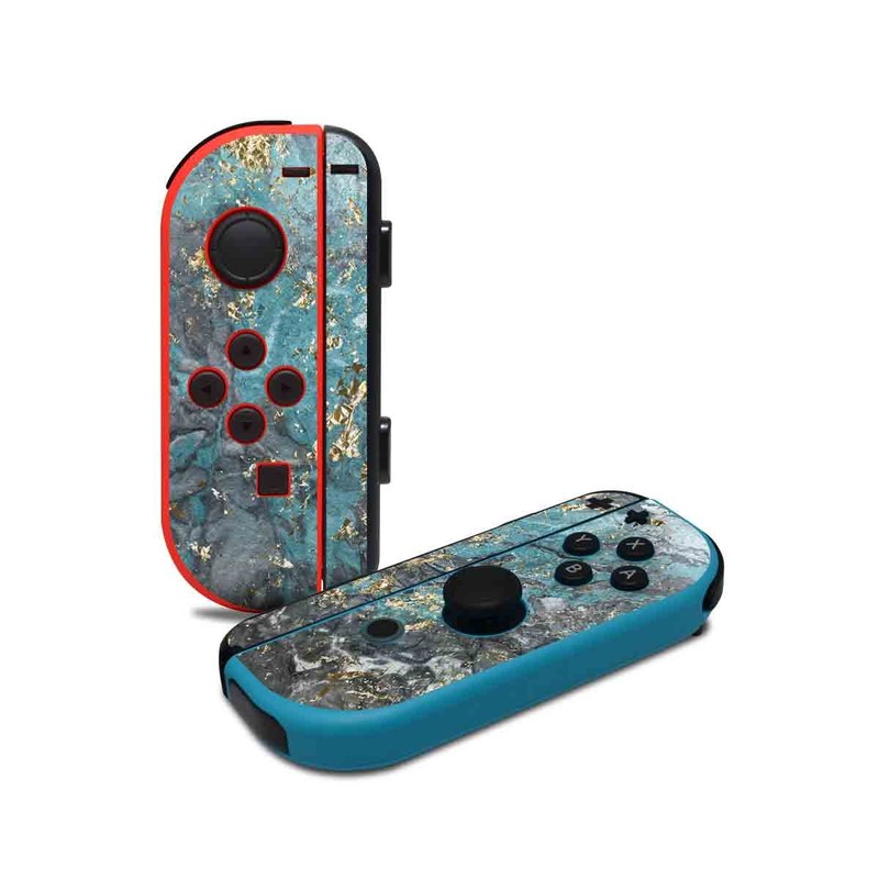 Nintendo Switch JoyCon Controller Skin design of Blue, Turquoise, Green, Aqua, Teal, Geology, Rock, Painting, Pattern with black, white, gray, green, blue colors