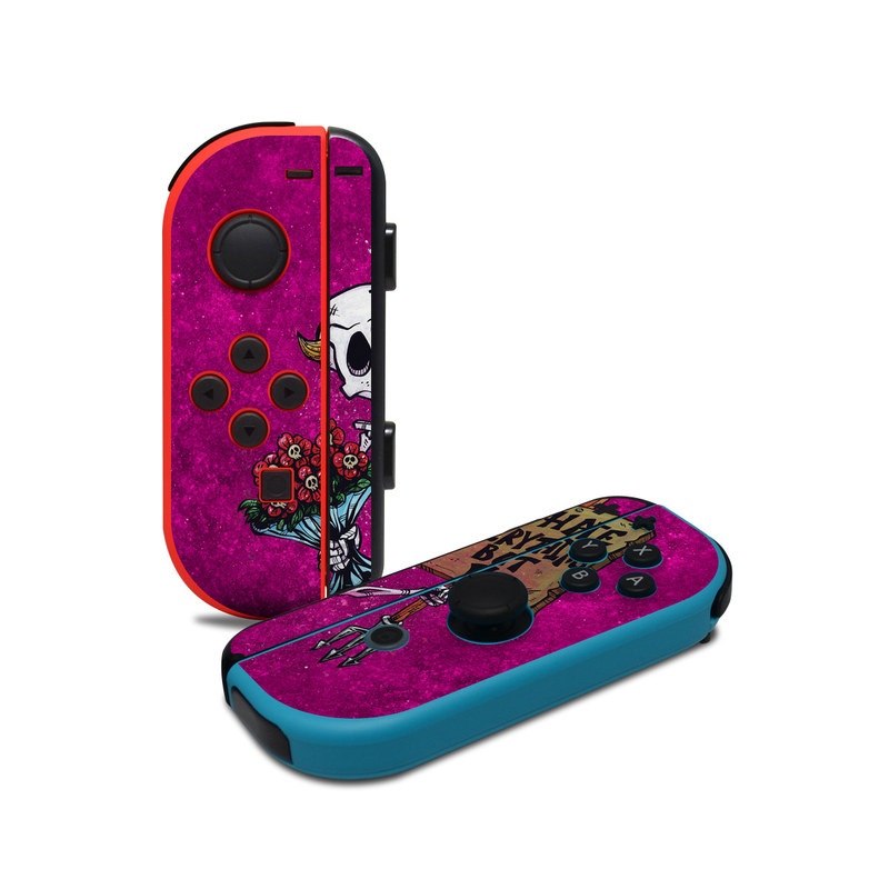 Nintendo Switch JoyCon Controller Skin design of Purple, Pink, Violet, Magenta, Font, Tints and shades, Art, Electric blue, Skull, Rectangle, with white, gray, pink, red, green, brown, black colors