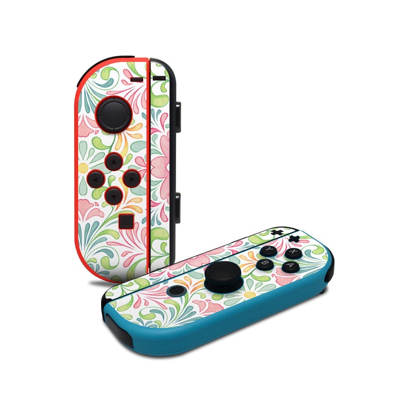 Nintendo Switch JoyCon Controller Skin design of Pattern, Pink, Visual arts, Design, Textile, Wrapping paper, Symmetry, Floral design, Motif, with gray, white, pink, green colors