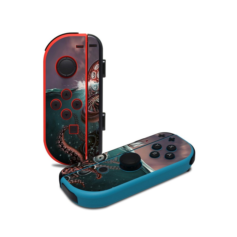 Nintendo Switch JoyCon Controller Skin design of Octopus, Water, Illustration, Wind wave, Sky, Graphic design, Organism, Cephalopod, Cg artwork, giant pacific octopus, with blue, gray, white, brown, red colors