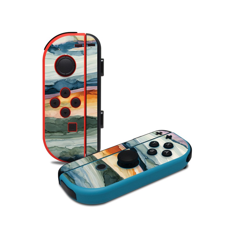 Nintendo Switch JoyCon Controller Skin design of Watercolor paint, Painting, Sky, Wave, Geology, Landscape, Pattern, Acrylic paint, Cloud, Paint, with blue, purple, orange, yellow, red, green, brown colors