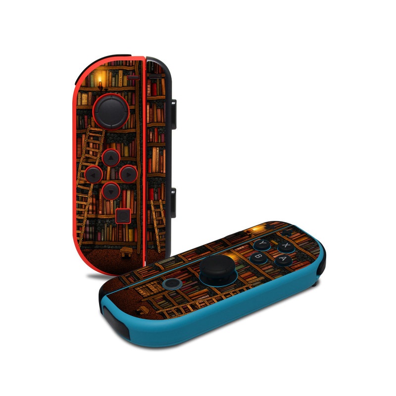 Nintendo Switch JoyCon Controller Skin design of Shelving, Library, Bookcase, Shelf, Furniture, Book, Building, Publication, Room, Darkness, with black, red colors