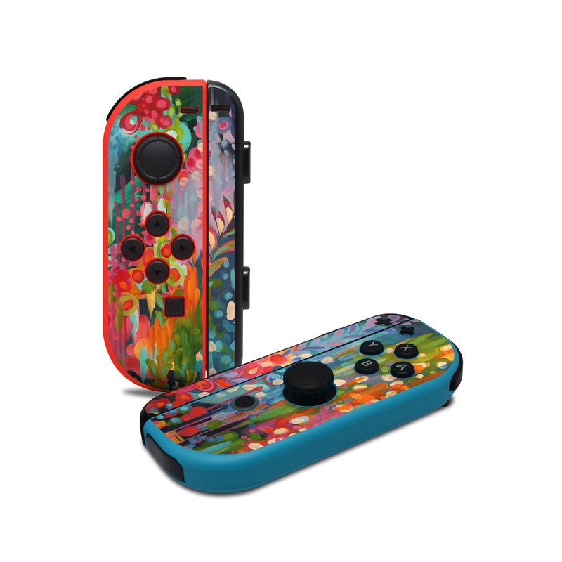 Nintendo Switch JoyCon Controller Skin design of Painting, Modern art, Acrylic paint, Art, Visual arts, Watercolor paint, Child art, Flower, Plant, Tree, with blue, red, orange, purple, yellow, pink, green colors