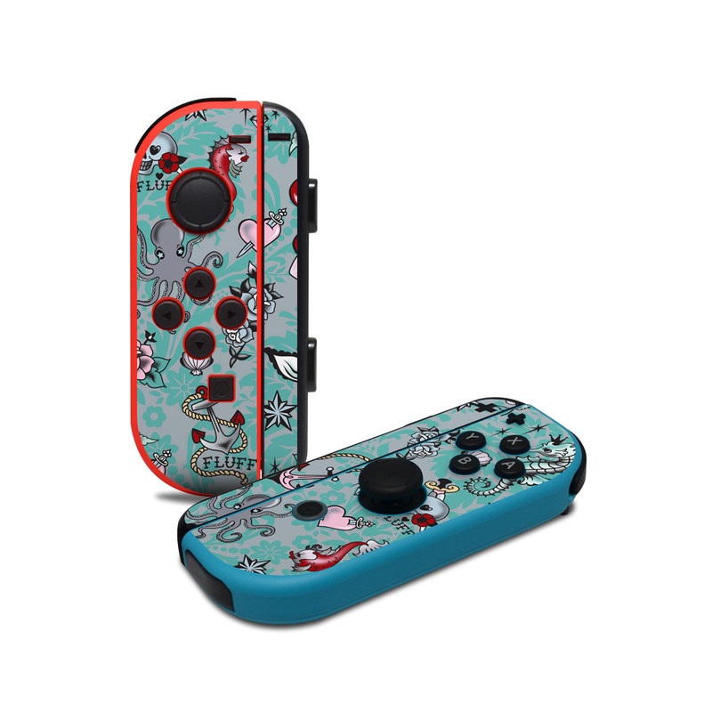 Nintendo Switch JoyCon Controller Skin design of Mermaid, Illustration, Fictional character, Organism, Art, Pattern, Style, with gray, blue, black, red, white, pink colors