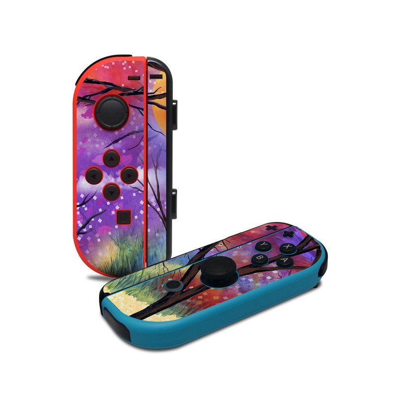 Nintendo Switch JoyCon Controller Skin design of Nature, Tree, Natural landscape, Painting, Watercolor paint, Branch, Acrylic paint, Purple, Modern art, Leaf, with red, purple, black, gray, green, blue colors