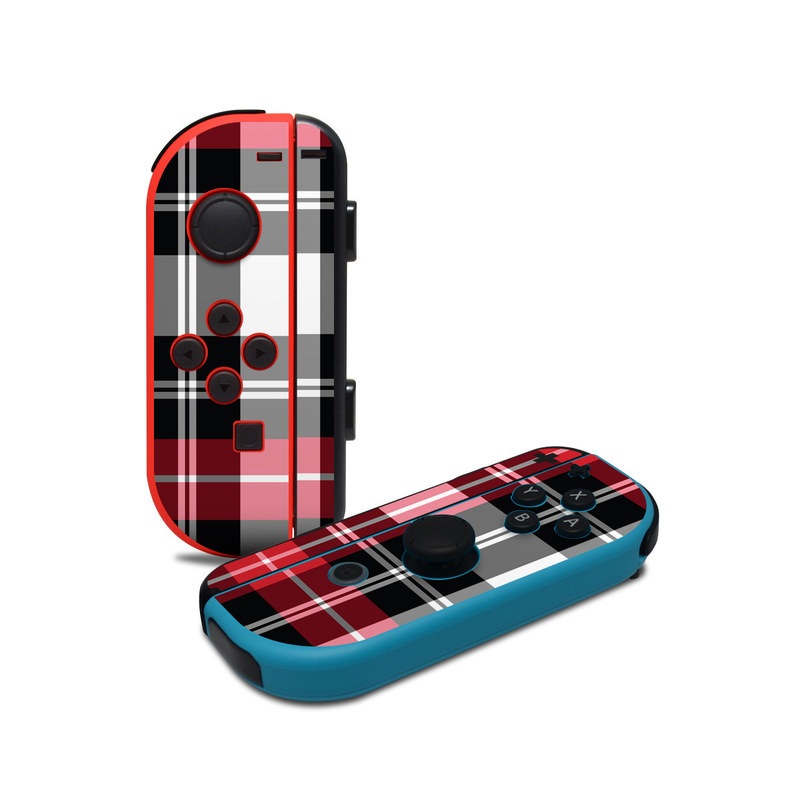 Nintendo Switch JoyCon Controller Skin design of Plaid, Tartan, Pattern, Red, Textile, Design, Line, Pink, Magenta, Square, with black, gray, pink, red, white colors