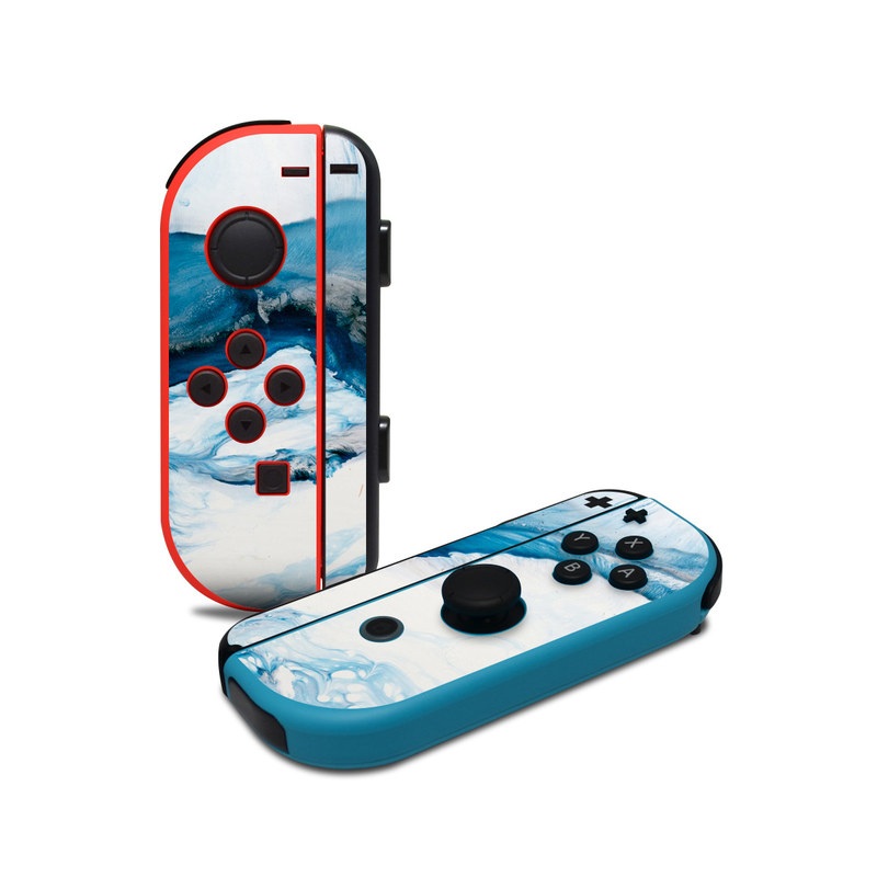 Nintendo Switch JoyCon Controller Skin design of Glacial landform, Blue, Water, Glacier, Sky, Arctic, Ice cap, Watercolor paint, Drawing, Art, with white, blue, black colors