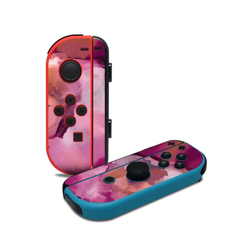 Nintendo Switch JoyCon Controller Skin design of Purple, Pink, Watercolor paint, Magenta, Illustration, Art, with white, red, pink, white colors