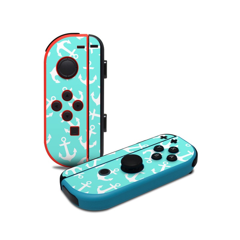 Nintendo Switch JoyCon Controller Skin design of Text, Turquoise, Aqua, Font, Teal, Pattern, Line, Design, Illustration, with gray, white, blue, green colors
