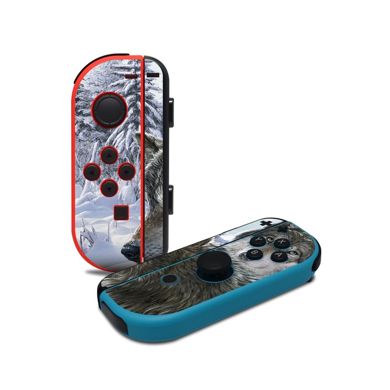 Nintendo Switch JoyCon Controller Skin design of Mammal, Vertebrate, Wolf, Canidae, canis lupus tundrarum, Canis, Wildlife, Carnivore, Wolfdog, Dog, with gray, black, blue, purple colors