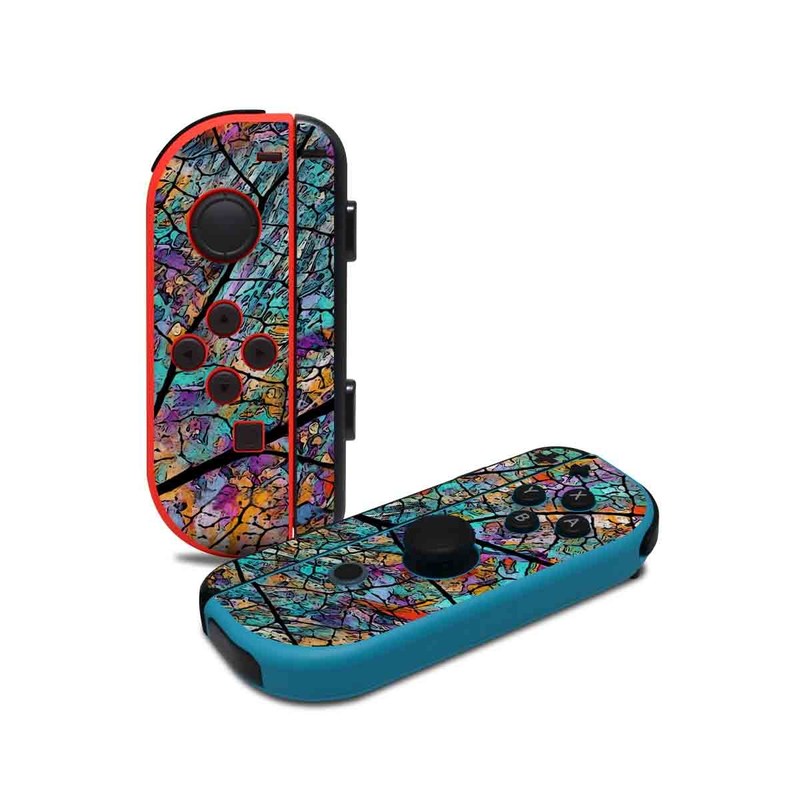 Nintendo Switch JoyCon Controller Skin design of Pattern, Colorfulness, Line, Branch, Tree, Leaf, Design, Visual arts, Glass, Plant, with black, gray, red, blue, green colors