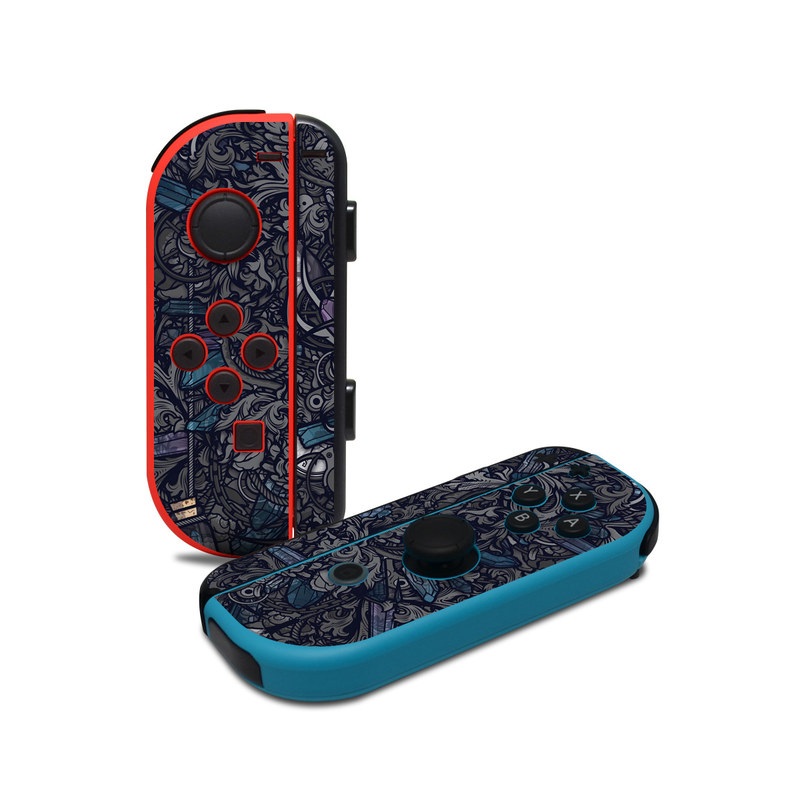 Nintendo Switch JoyCon Controller Skin design of Blue, Pattern, Psychedelic art, Design, Circle, Art, Font, Graphic design, Visual arts, Illustration, with black, gray colors