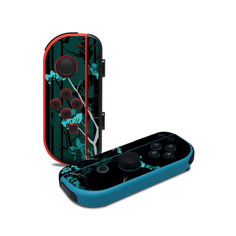 Nintendo Switch JoyCon Controller Skin design of Branch, Black, Blue, Green, Turquoise, Teal, Tree, Plant, Graphic design, Twig, with black, blue, gray colors