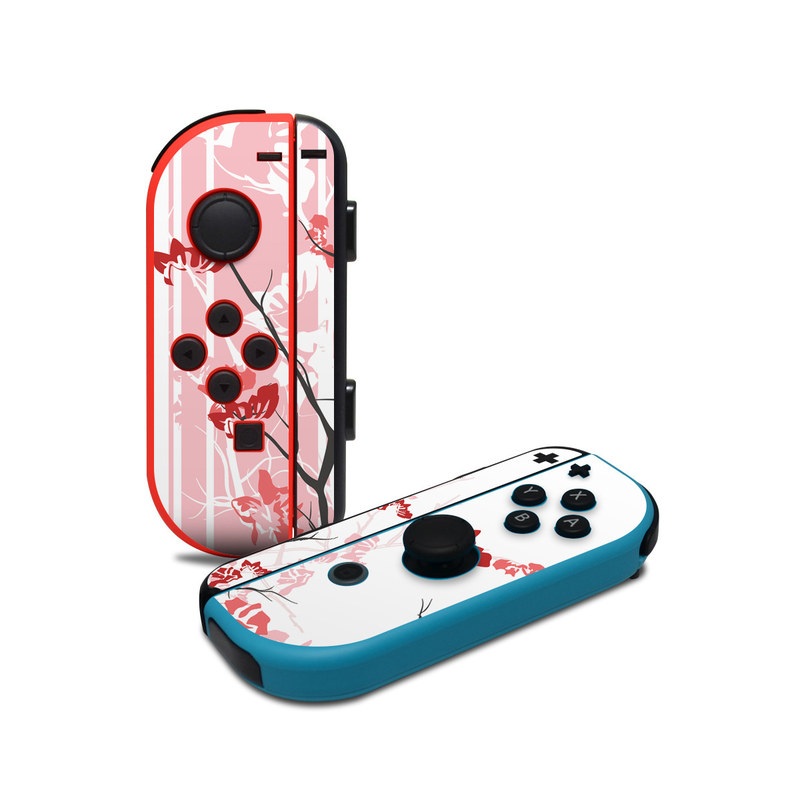 Nintendo Switch JoyCon Controller Skin design of Branch, Red, Flower, Plant, Tree, Twig, Blossom, Botany, Pink, Spring, with white, pink, gray, red, black colors