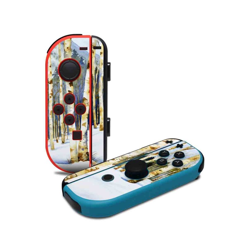 Nintendo Switch JoyCon Controller Skin design of Tree, Snow, Winter, Canoe birch, Nature, Birch, Forest, Natural environment, Freezing, Woody plant, with white, brown, black, gray colors