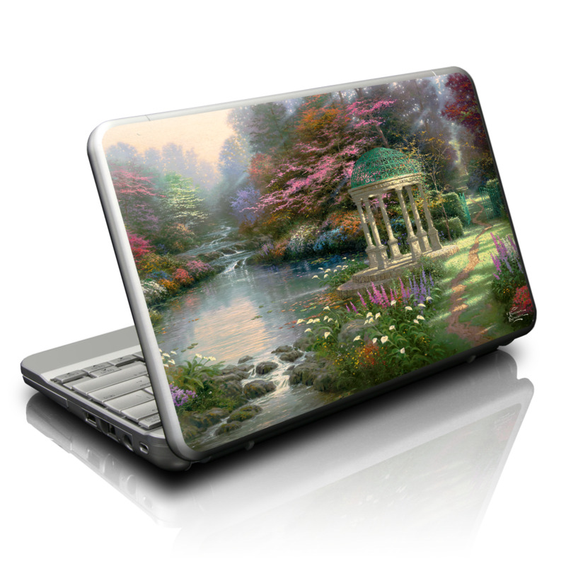 Netbook Skin design of Nature, Natural landscape, Tree, Botany, Water, Garden, Gazebo, Spring, Plant, Reflection, with black, gray, green, red, purple colors