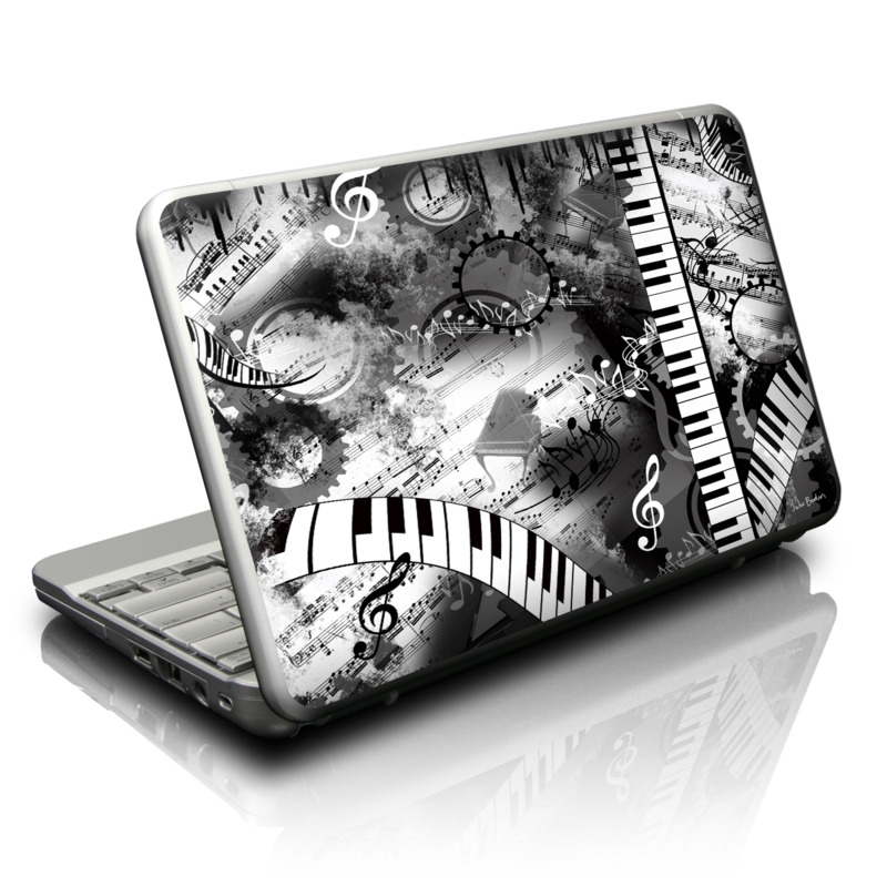 Netbook Skin design of Music, Monochrome, Black-and-white, Illustration, Graphic design, Musical instrument, Technology, Musical keyboard, Piano, Electronic instrument, with black, gray, white colors