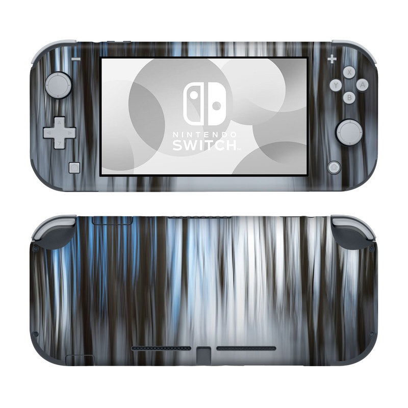 Nintendo Switch Lite Skin design of Water, Blue, Natural environment, Tree, Forest, Line, Waterfall, Plant, Black-and-white, Reflection, with black, white, blue colors