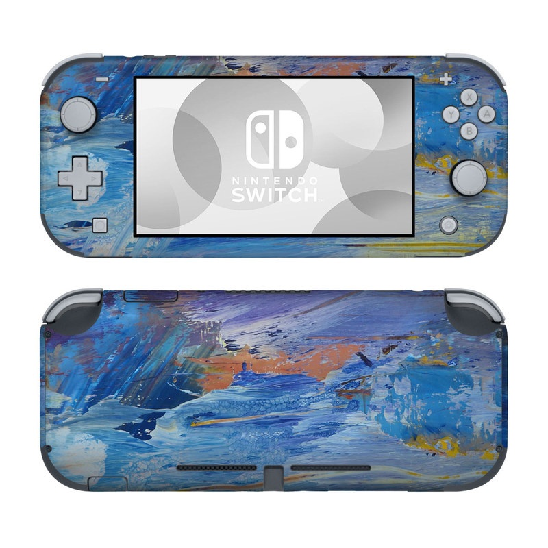 Nintendo Switch Lite Skin design of Painting, Blue, Modern art, Acrylic paint, Sky, Watercolor paint, Art, Visual arts, Paint, Electric blue, with blue, purple, yellow, brown, orange, black colors