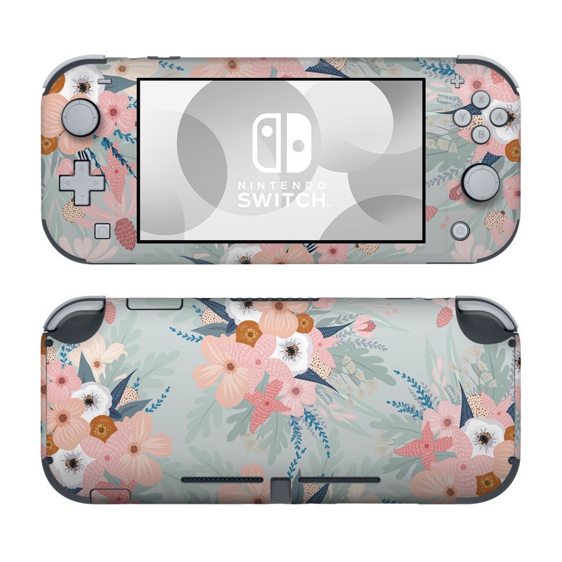 Nintendo Switch Lite Skin design of Pattern, Aqua, Wrapping paper, Textile, Design, Floral design, Wildflower, Plant, Pedicel, Blossom, with pink, red, blue, white colors