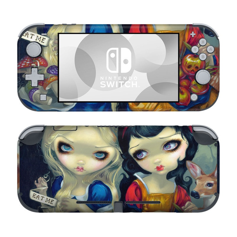 Nintendo Switch Lite Skin design of Doll, Cartoon, Illustration, Cat, Art, Fawn, Toy, Fictional character, Whiskers, with blue, yellow, red, orange, gray colors