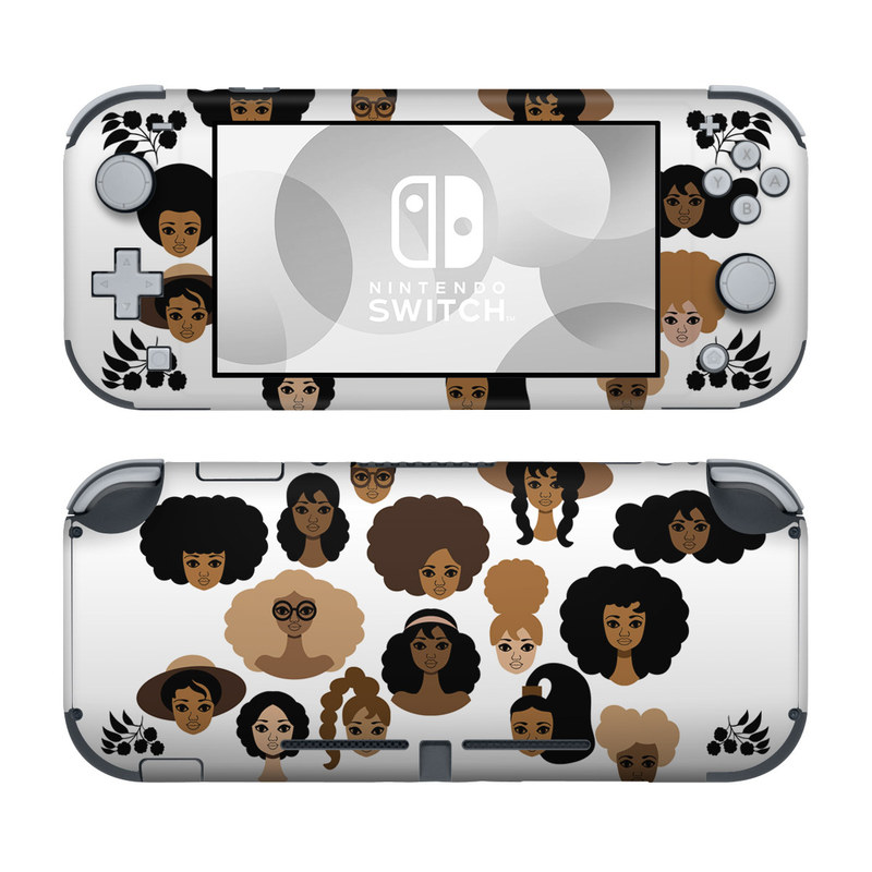 Nintendo Switch Lite Skin design of Hair, People, Facial expression, Hairstyle, Cartoon, Head, Afro, Clip art, Font, Black hair, with black, brown, white colors
