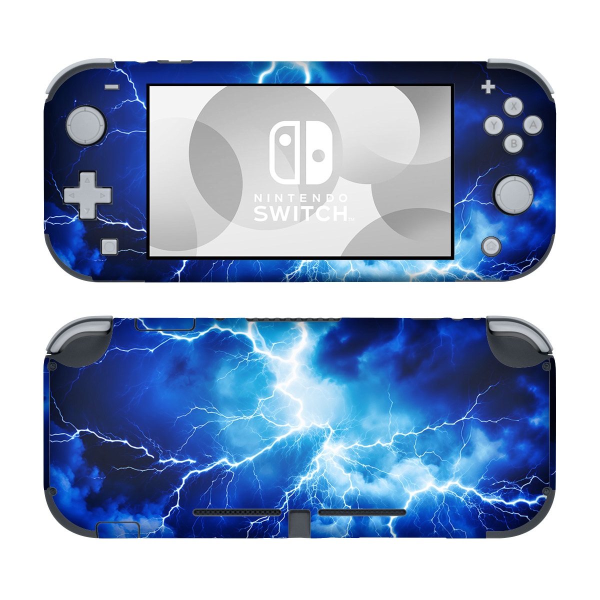 Nintendo Switch Lite Skin design of Thunder, Sky, Atmosphere, Daytime, Cloud, Water, Lightning, Light, Azure, Natural environment, with black, blue colors