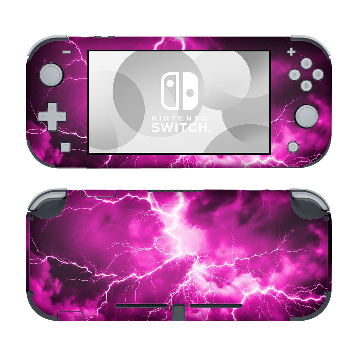 Nintendo Switch Lite Skin design of Sky, Thunder, Lightning, Thunderstorm, Atmosphere, White, Purple, Light, Nature, Water, with black, pink colors