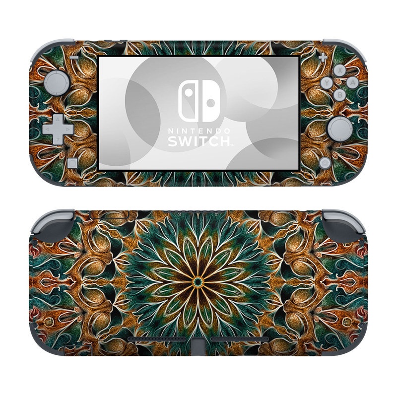 Nintendo Switch Lite Skin design of Pattern, Symmetry, Textile, Art, Psychedelic art, Tapestry, Design, Visual arts, Kaleidoscope, Motif, with green, orange, yellow, brown, red colors