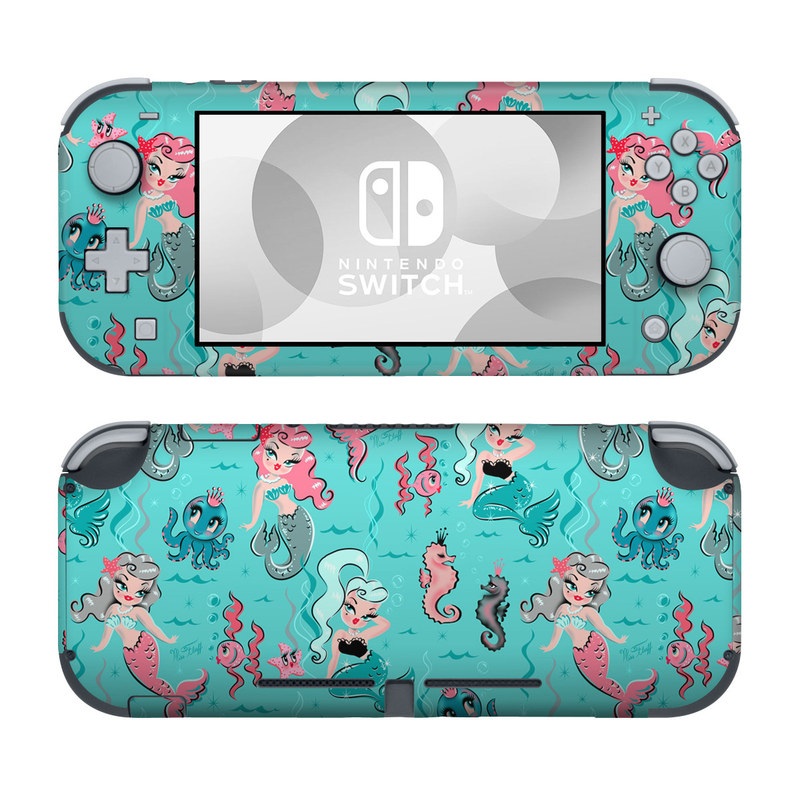 Nintendo Switch Lite Skin design of Turquoise, Wrapping paper, Cartoon, Pattern, Textile, Aqua, Design, Gift wrapping, Illustration, Fictional character, with blue, pink, yellow, gray colors