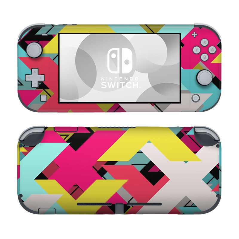 Nintendo Switch Lite Skin design of Pattern, Graphic design, Line, Design, Triangle, Font, Illustration, Magenta, Visual arts, with yellow, blue, white, black, red, pink colors