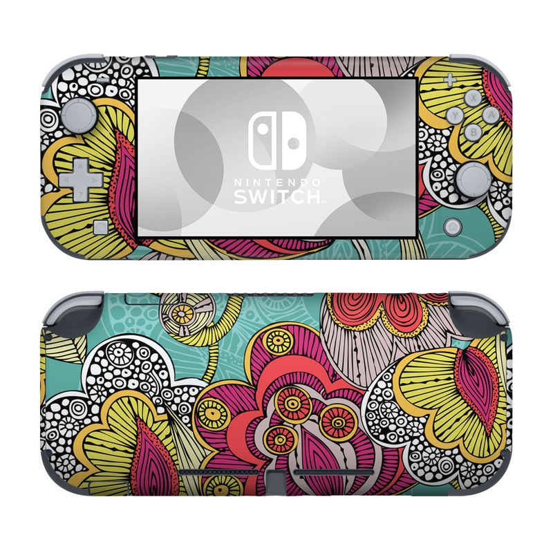 Nintendo Switch Lite Skin design of Pattern, Visual arts, Motif, Floral design, Design, Art, Plant, Flower, Organism, Textile, with red, yellow, blue, gray, pink colors
