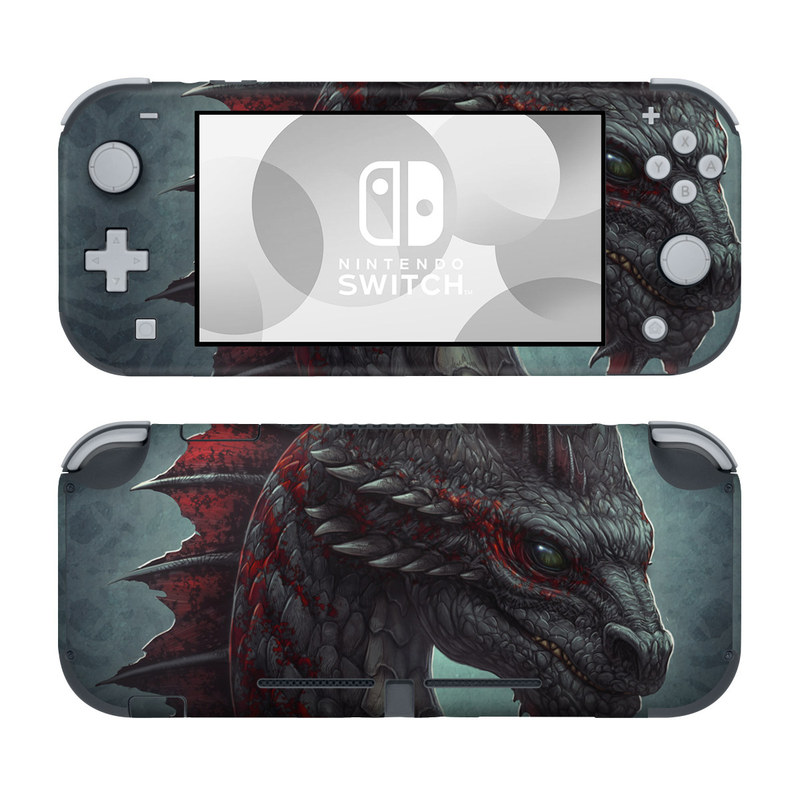 Nintendo Switch Lite Skin design of Dragon, Fictional character, Mythical creature, Demon, Cg artwork, Illustration, Green dragon, Supernatural creature, Cryptid, with red, gray, blue colors